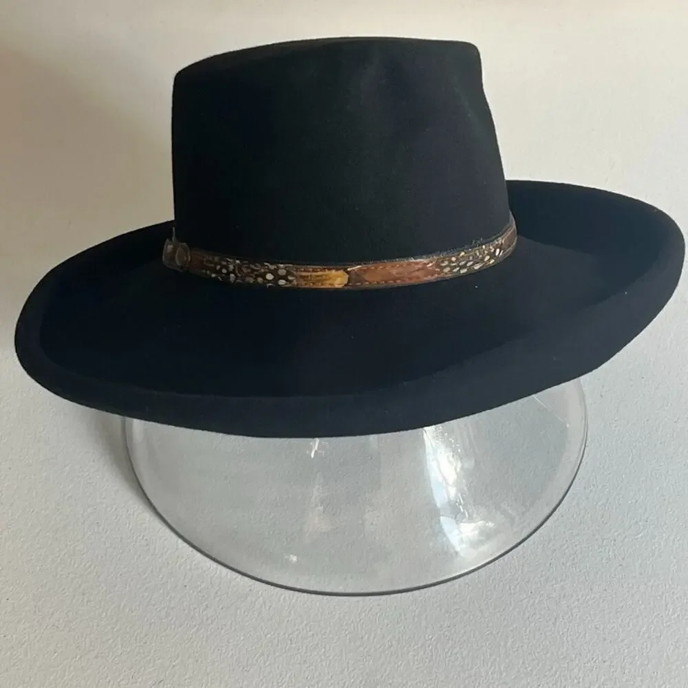 IMPORTINA Dollman Hat Womens Black Roll Up Edge Wool Leather Feathers Trim Vtg